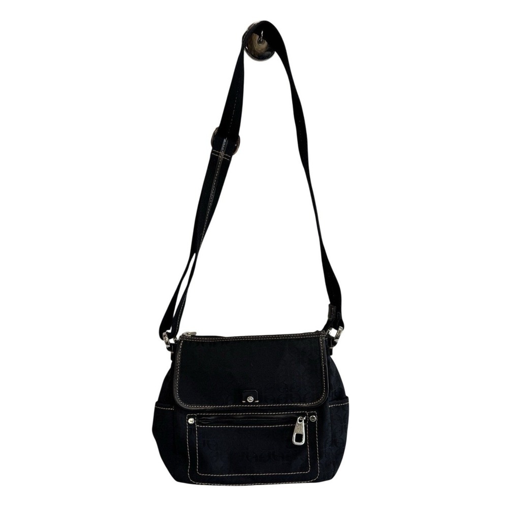 Fossil Black Signature Jacquard Crossbody Bag Multi Pocket Adjustable Strap